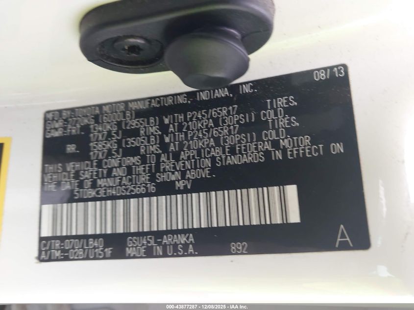 2013 Toyota Highlander Se V6 VIN: 5TDBK3EH4DS256616 Lot: 43877287