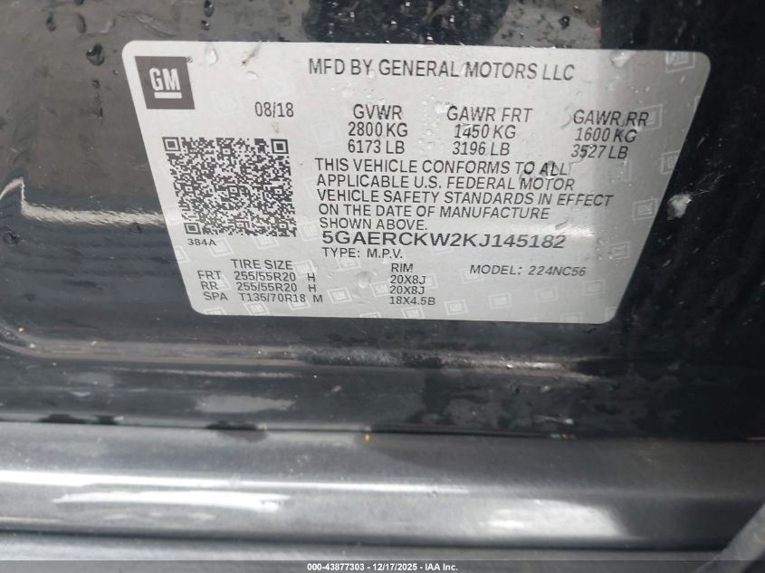 2019 Buick Enclave Fwd Premium VIN: 5GAERCKW2KJ145182 Lot: 43877303