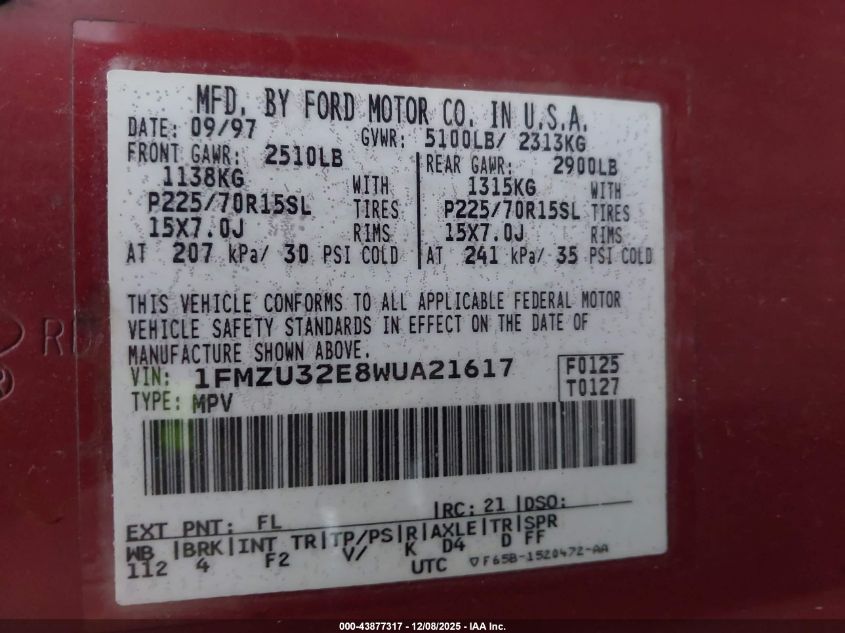 1998 Ford Explorer Eddie Bauer/Limited/Xl/Xlt VIN: 1FMZU32E8WUA21617 Lot: 43877317