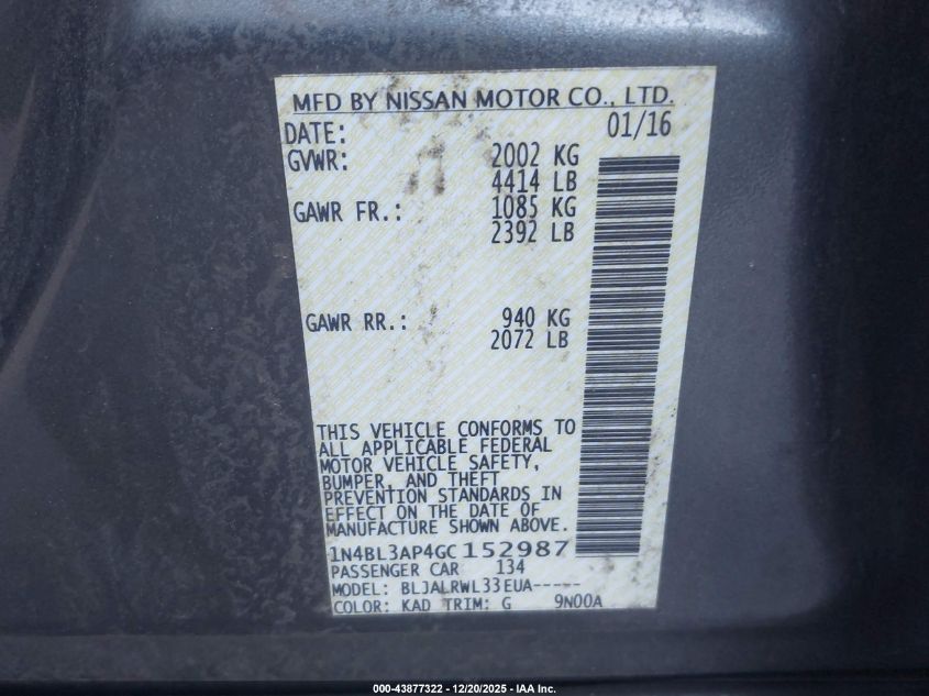 2016 Nissan Altima 3.5 Sl/3.5 Sr VIN: 1N4BL3AP4GC152987 Lot: 43877322