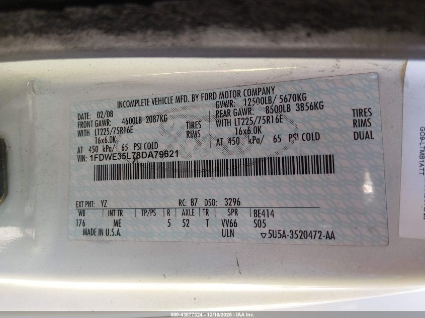 2008 Ford E-350 Cutaway VIN: 1FDWE35L78DA79621 Lot: 43877324