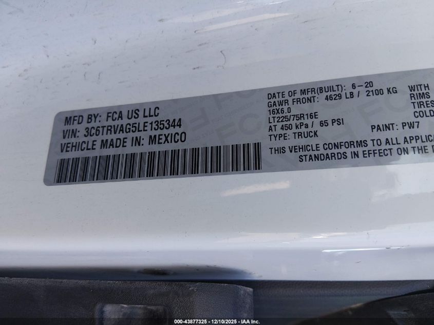 2020 Ram Promaster 1500 Low Roof 136 Wb VIN: 3C6TRVAG5LE135344 Lot: 43877325