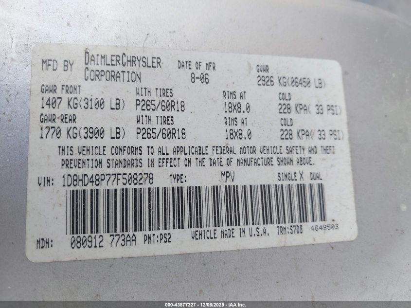2007 Dodge Durango Slt VIN: 1D8HD48P77F508278 Lot: 43877327