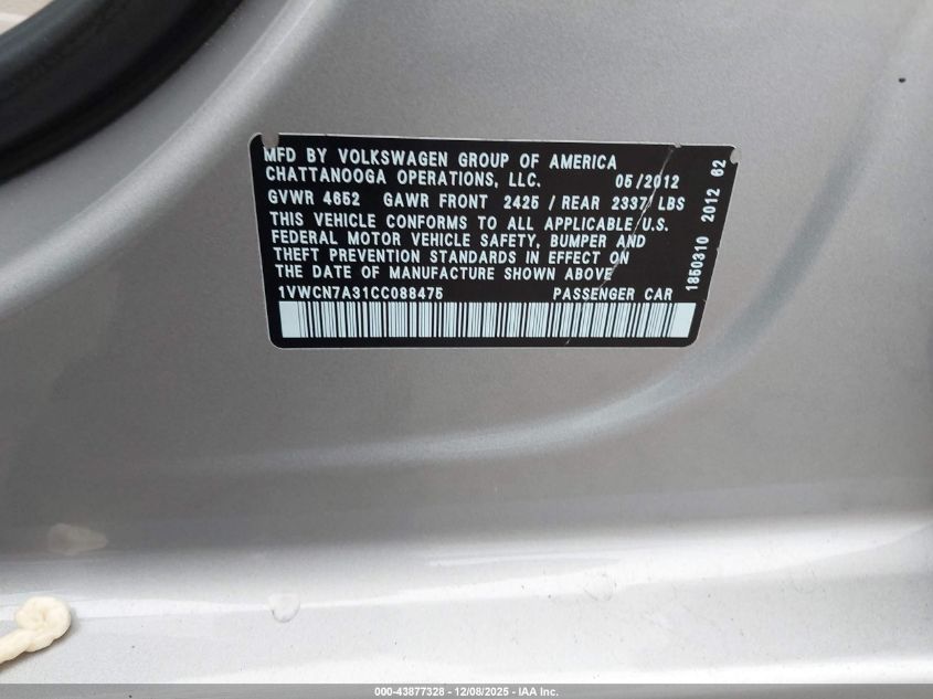 2012 Volkswagen Passat 2.0L Tdi Sel Premium VIN: 1VWCN7A31CC088475 Lot: 43877328