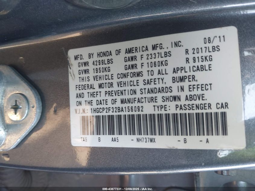 2011 Honda Accord 2.4 Lx VIN: 1HGCP2F32BA156092 Lot: 43877331