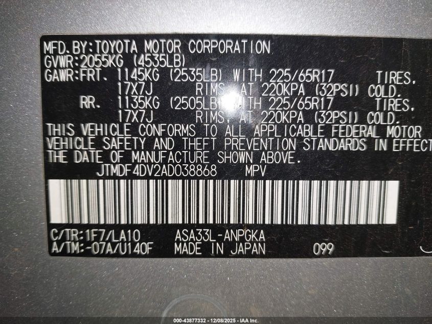 2010 Toyota Rav4 Limited VIN: JTMDF4DV2AD038868 Lot: 43877332