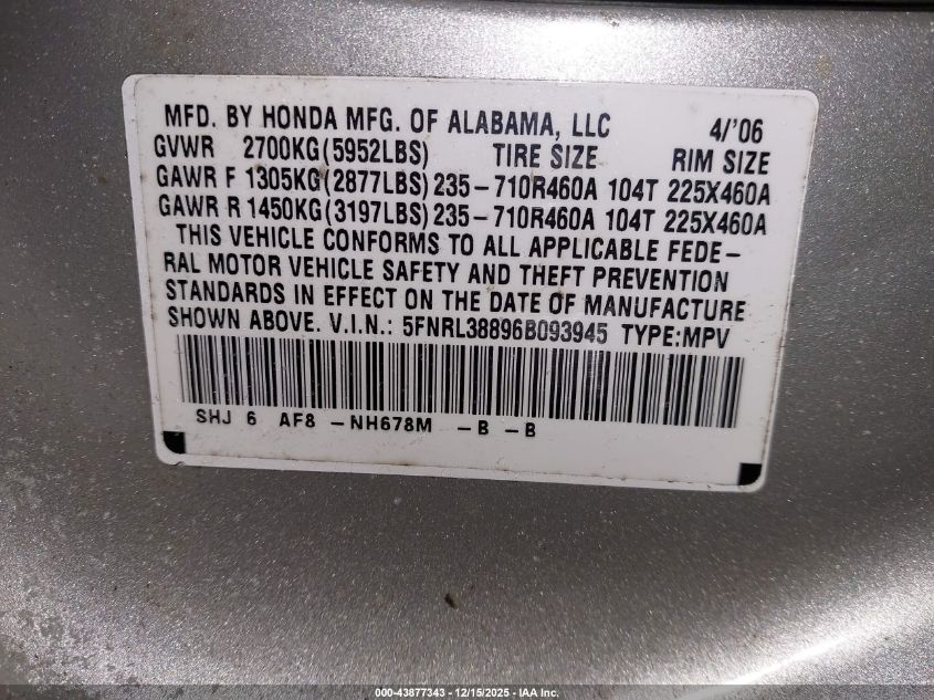 2006 Honda Odyssey Touring VIN: 5FNRL38896B093945 Lot: 43877343