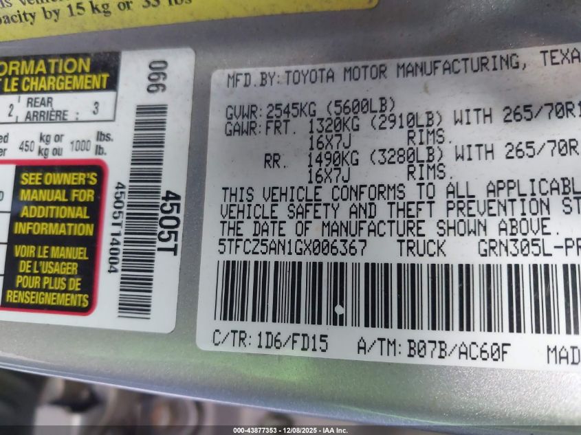 2016 Toyota Tacoma Trd Off Road VIN: 5TFCZ5AN1GX006367 Lot: 43877353