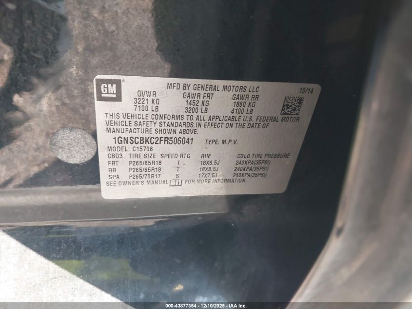 2015 Chevrolet Tahoe Lt VIN: 1GNSCBKC2FR506041 Lot: 43877354