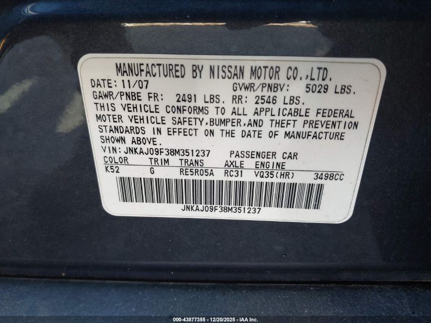 2008 Infiniti Ex35 Journey VIN: JNKAJ09F38M351237 Lot: 43877355