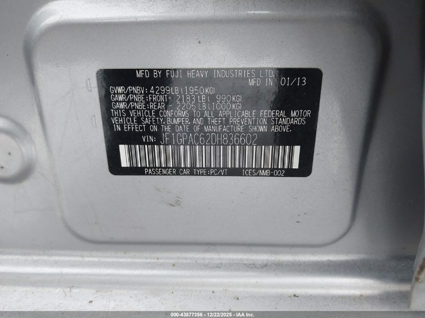 2013 Subaru Impreza 2.0I Premium VIN: JF1GPAC62DH836602 Lot: 43877356