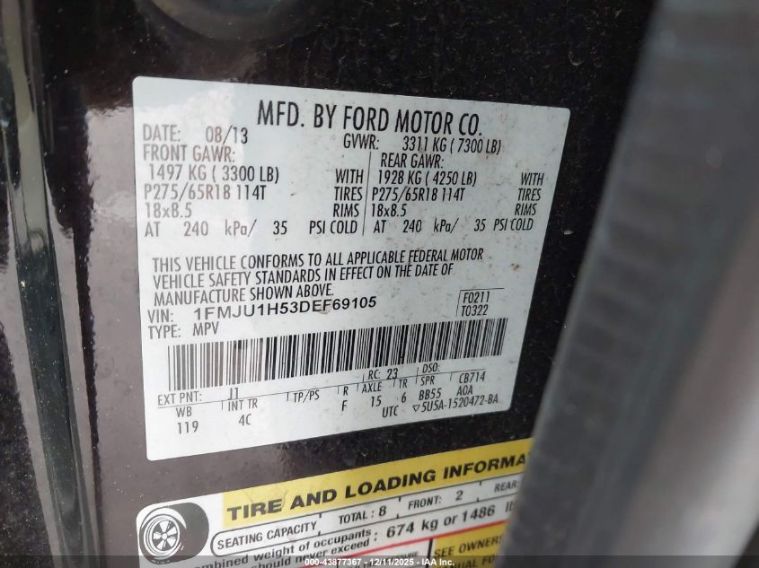 2013 Ford Expedition Xlt VIN: 1FMJU1H53DEF69105 Lot: 43877367