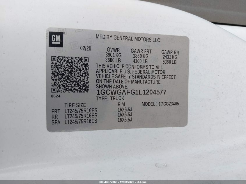 2020 Chevrolet Express Cargo Rwd 2500 Regular Wheelbase Wt VIN: 1GCWGAFG1L1204577 Lot: 43877368