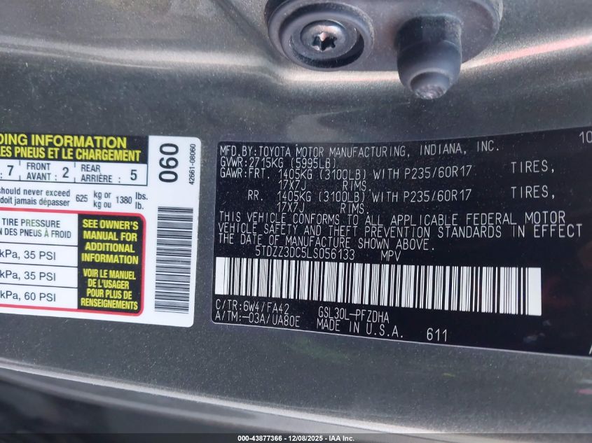 2020 Toyota Sienna L VIN: 5TDZZ3DC5LS056133 Lot: 43877366