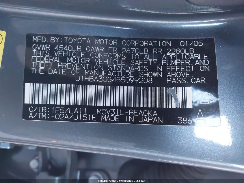 2005 Lexus Es 330 VIN: JTHBA30G455099208 Lot: 43877369