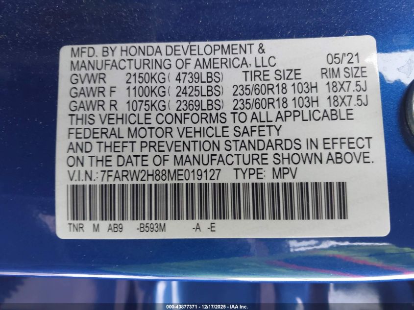 2021 Honda Cr-V Awd Ex-L VIN: 7FARW2H88ME019127 Lot: 43877371