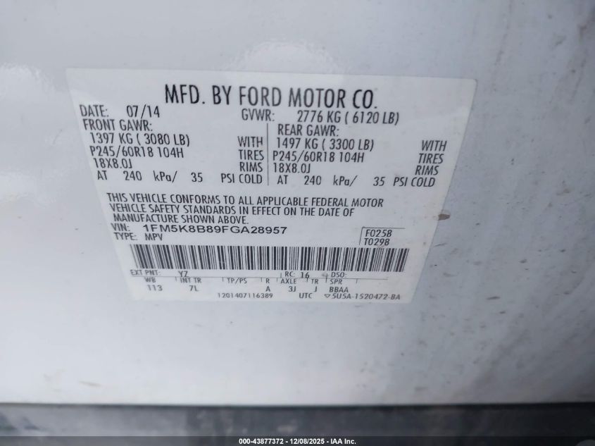 2015 Ford Explorer VIN: 1FM5K8B89FGA28957 Lot: 43877372