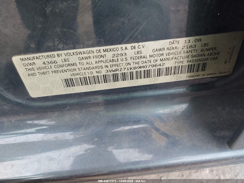 2009 Volkswagen Jetta Se VIN: 3VWRZ71K89M079642 Lot: 43877373