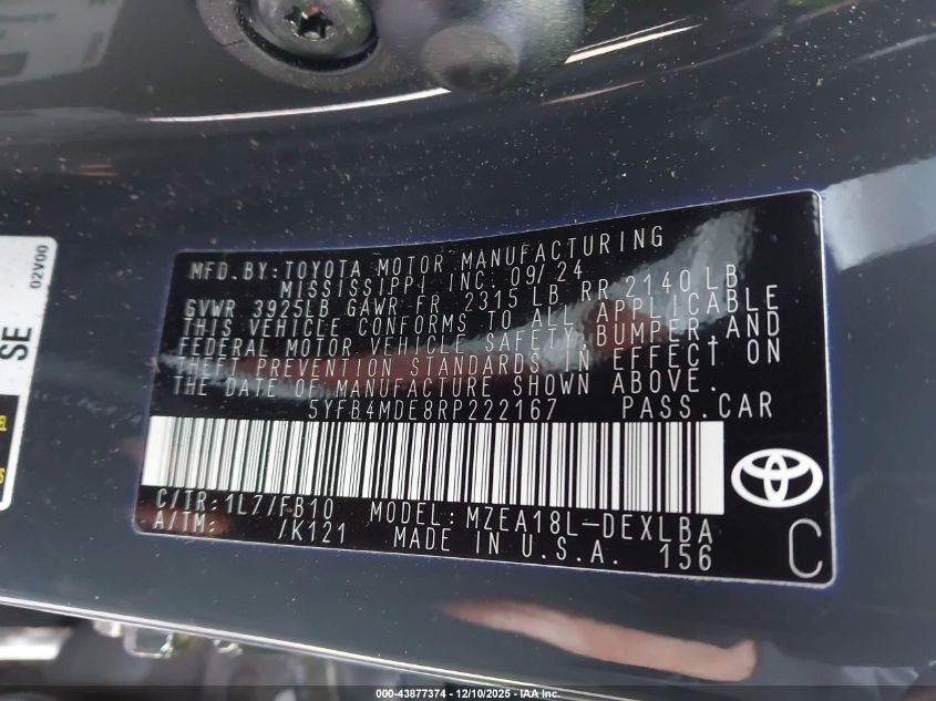 2024 Toyota Corolla Le VIN: 5YFB4MDE8RP222167 Lot: 43877374