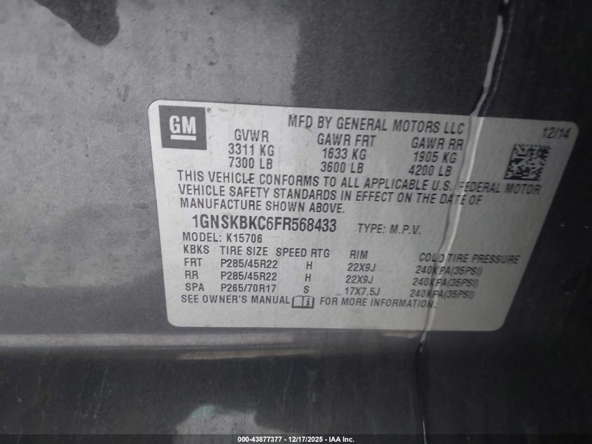 2015 Chevrolet Tahoe Lt VIN: 1GNSKBKC6FR568433 Lot: 43877377