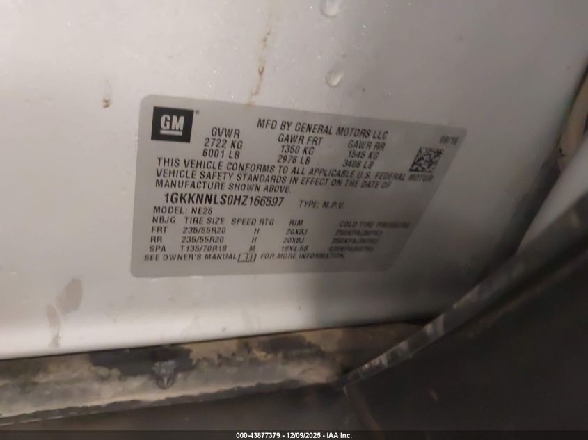 2017 GMC Acadia Slt-2 VIN: 1GKKNNLS0HZ166597 Lot: 43877379