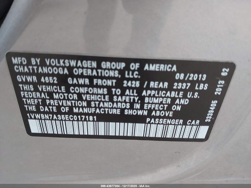 2014 Volkswagen Passat 2.0L Tdi Se VIN: 1VWBN7A35EC017181 Lot: 43877384