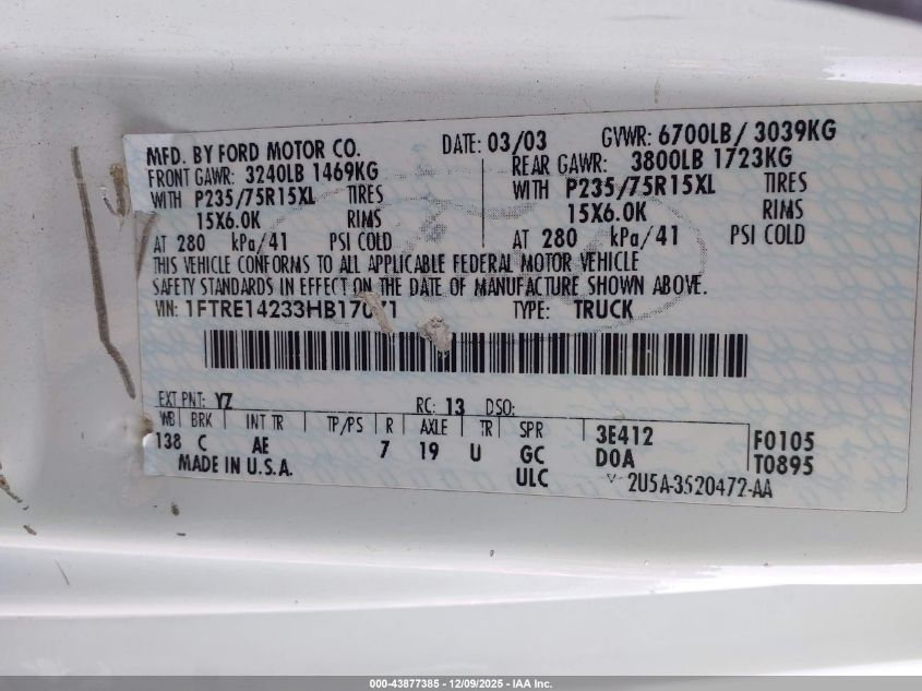 2003 Ford E-150 Commercial VIN: 1FTRE14233HB17071 Lot: 43877385