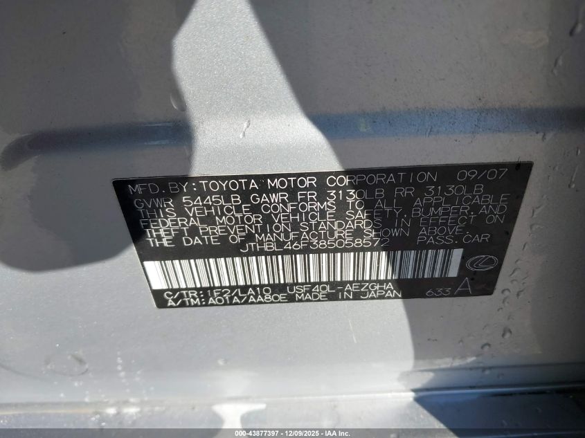 2008 Lexus Ls 460 VIN: JTHBL46F385058572 Lot: 43877397