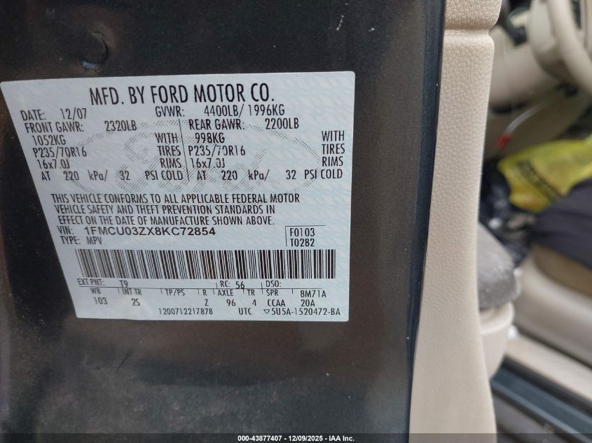 2008 Ford Escape Xlt VIN: 1FMCU03ZX8KC72854 Lot: 43877407