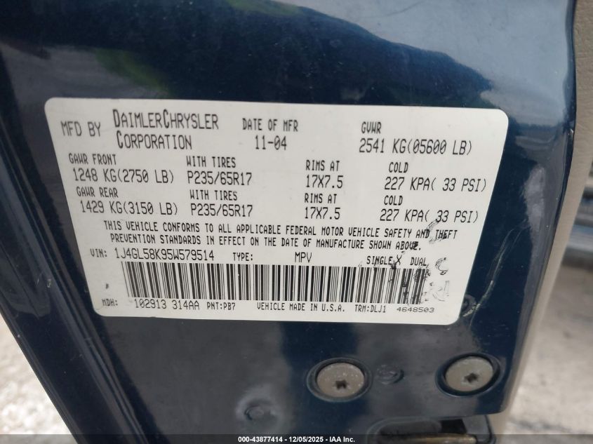 2005 Jeep Liberty Limited Edition VIN: 1J4GL58K95W579514 Lot: 43877414