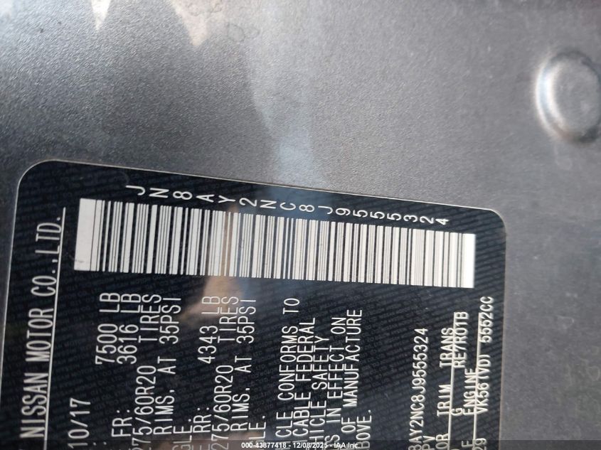 2018 Nissan Armada Sl VIN: JN8AY2NC8J9555324 Lot: 43877418