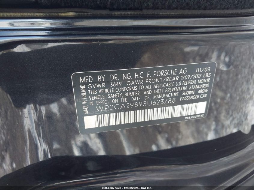 2003 Porsche Boxster VIN: WP0CA29893U623788 Lot: 43877428