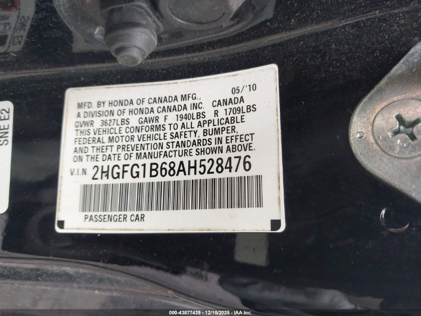 2010 Honda Civic Lx VIN: 2HGFG1B68AH528476 Lot: 43877439