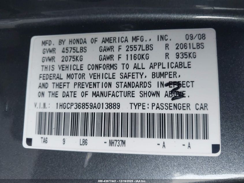 2009 Honda Accord Sdn 3.5 Ex-L/Ex-L VIN: 1HGCP36859A013889 Lot: 43877441