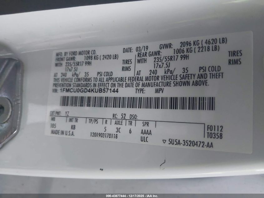 2019 Ford Escape Se VIN: 1FMCU0GD4KUB57144 Lot: 43877444