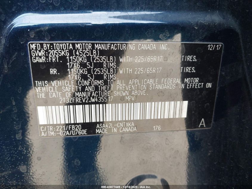 2018 Toyota Rav4 Le VIN: 2T3ZFREV2JW435517 Lot: 43877449