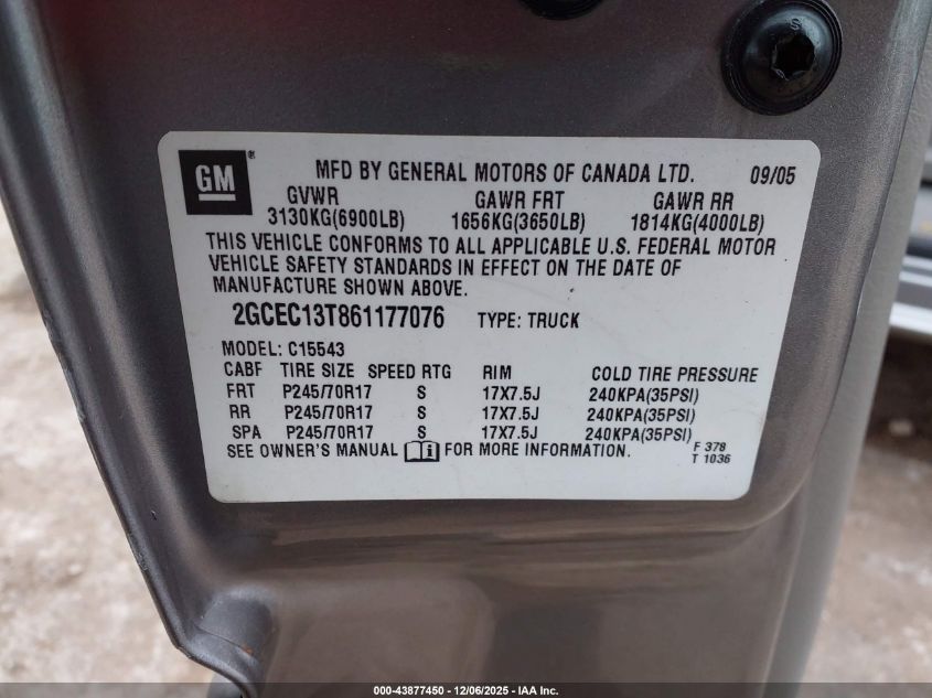 2006 Chevrolet Silverado 1500 Lt3 VIN: 2GCEC13T861177076 Lot: 43877450
