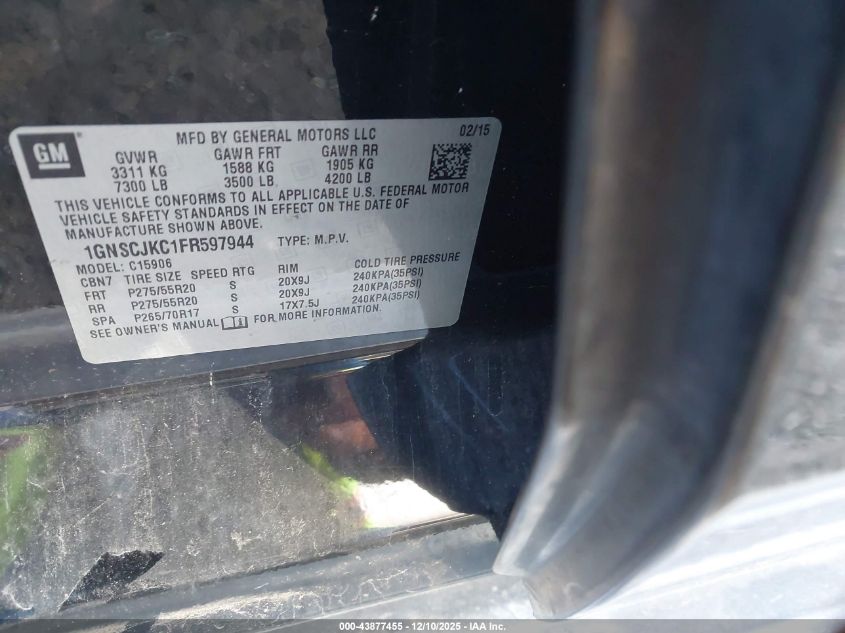2015 Chevrolet Suburban 1500 Lt VIN: 1GNSCJKC1FR597944 Lot: 43877455