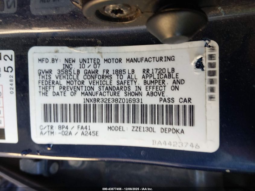 2008 Toyota Corolla Ce VIN: 1NXBR32E38Z016931 Lot: 43877456