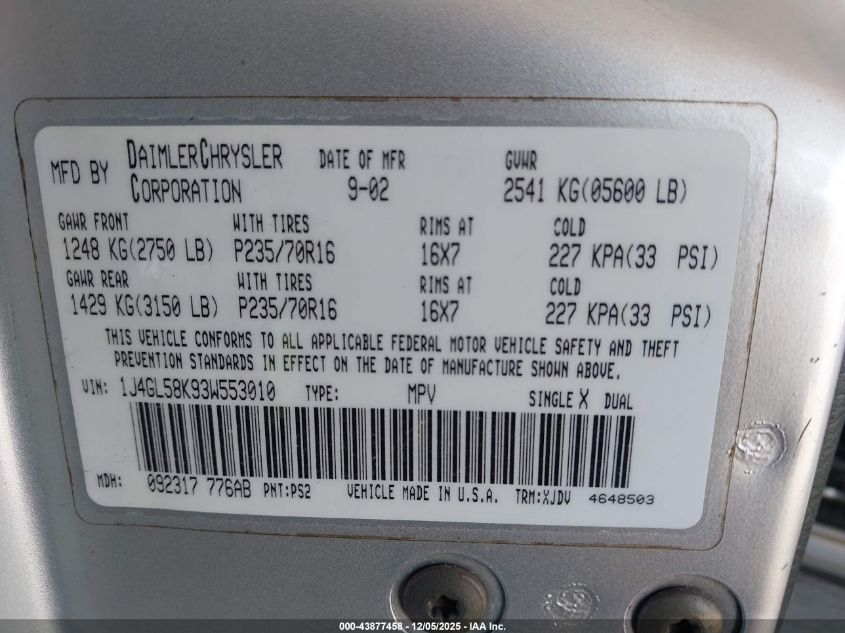 2003 Jeep Liberty Limited Edition VIN: 1J4GL58K93W553010 Lot: 43877458