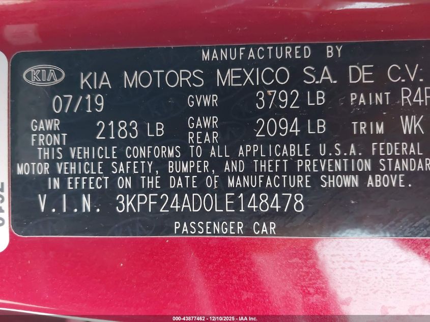 2020 Kia Forte Lxs VIN: 3KPF24AD0LE148478 Lot: 43877462