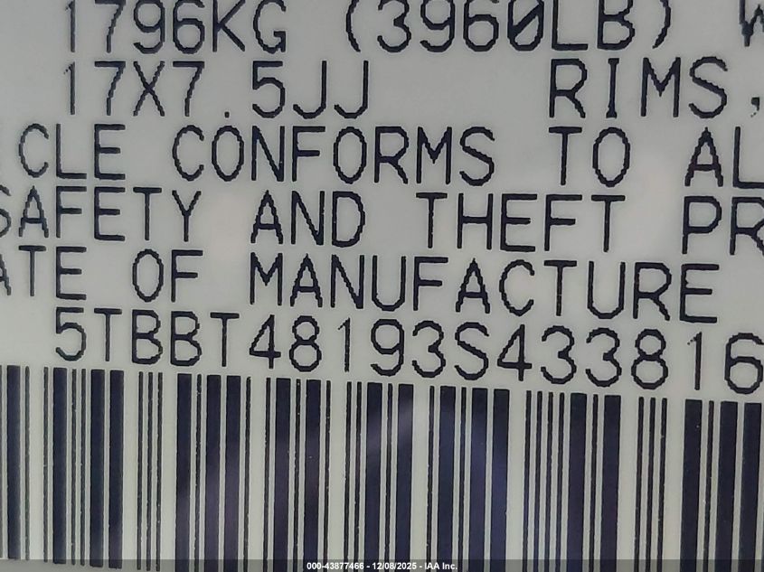 2003 Toyota Tundra Limited V8 VIN: 5TBBT48193S433816 Lot: 43877466