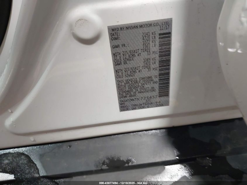 2018 Nissan Rogue Sv VIN: 5N1AT2MV7JC725457 Lot: 43877494
