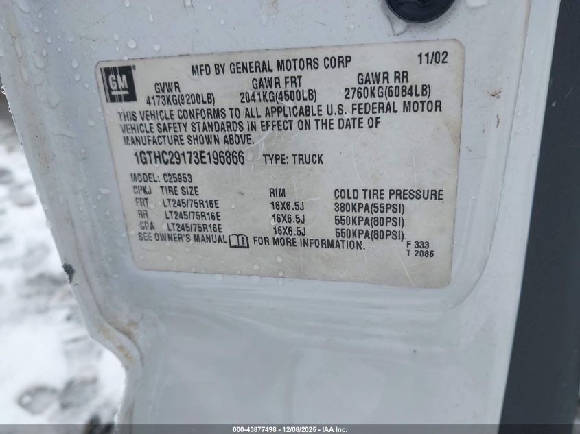 2003 GMC Sierra 2500Hd VIN: 1GTHC29173E196866 Lot: 43877498