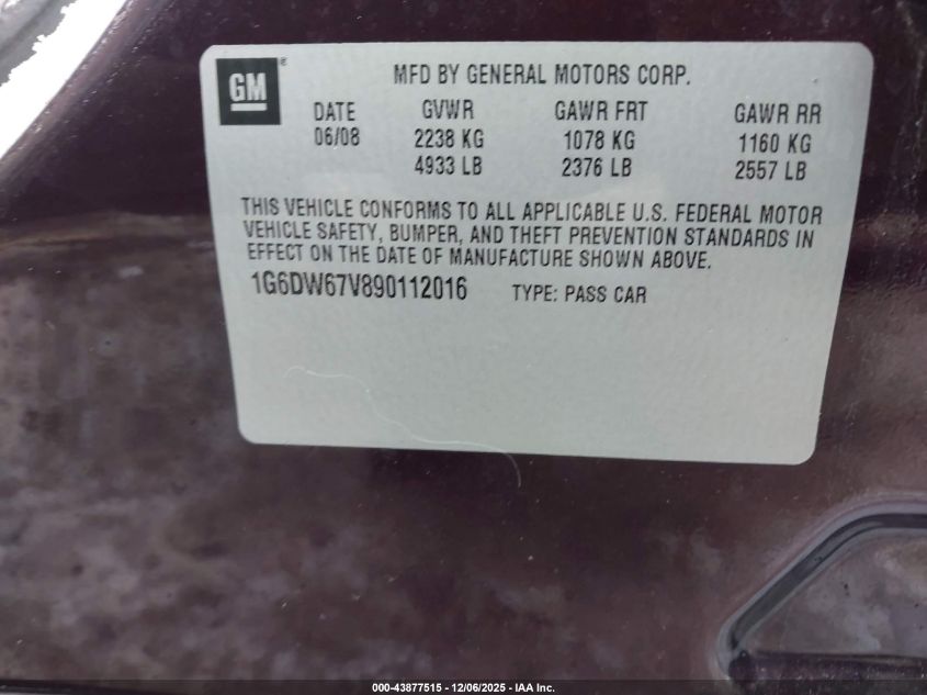2009 Cadillac Sts V6 VIN: 1G6DW67V890112016 Lot: 43877515