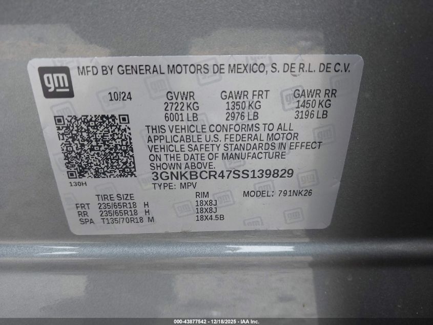 2025 Chevrolet Blazer Fwd 2Lt VIN: 3GNKBCR47SS139829 Lot: 43877542