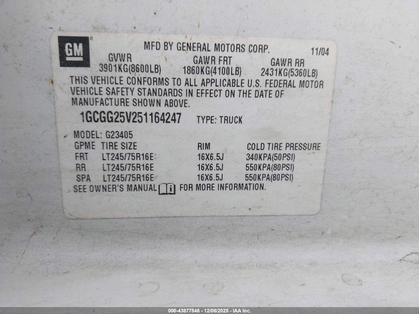 2005 Chevrolet Express VIN: 1GCGG25V251164247 Lot: 43877546