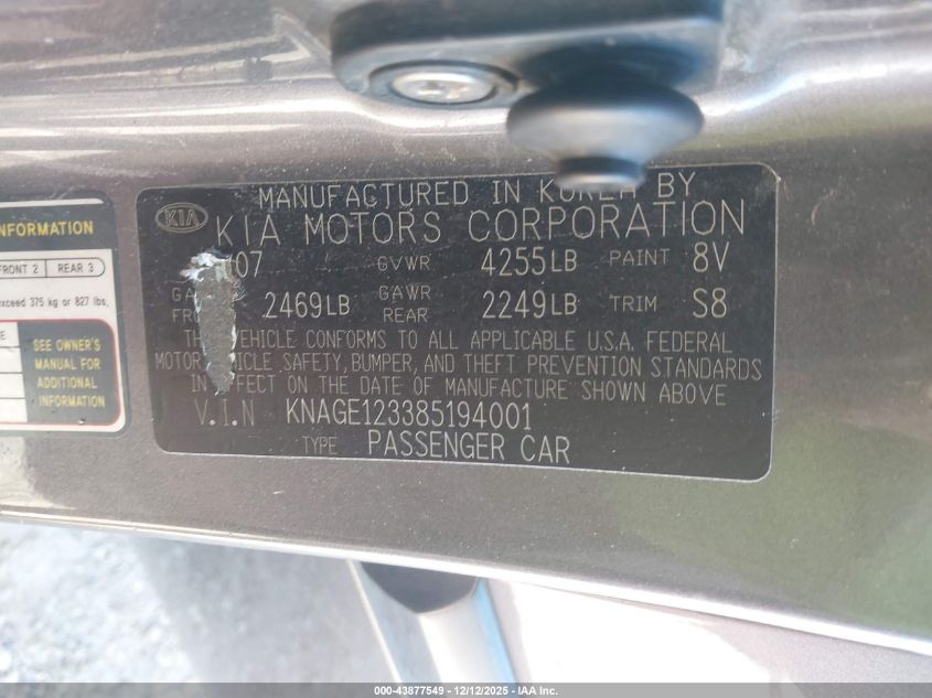 2008 Kia Optima Lx VIN: KNAGE123385194001 Lot: 43877549