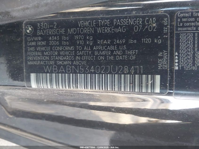 2002 BMW 330Ci VIN: WBABN53402JU28411 Lot: 43877554