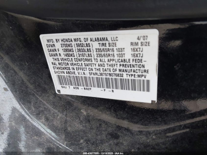 2007 Honda Odyssey Ex-L VIN: 5FNRL38797B076832 Lot: 43877559